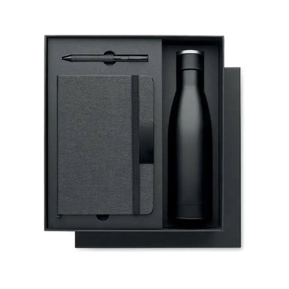 Sticlă de apă din oțel inoxidabil negru mat cu capac argintiu din set cadou de lux din 3 piese