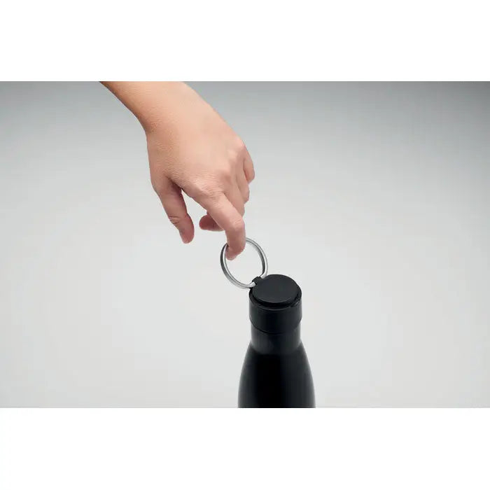 Black stainless steel water bottle cu corp cilindric si capac negru cu inel argintiu integrat in set cadou de lux din 3 piese