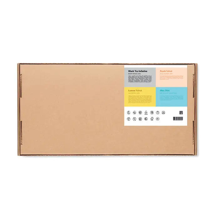 Set cadou vegan de calatorie cu cutie dreptunghiulara din carton maro si eticheta colorata cu infuzii de ceai