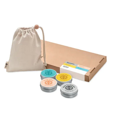 Set cadou vegan de calatorie cu sapunuri solizi metalici rotunzi in teal galben piersica si argintiu cu logo copac