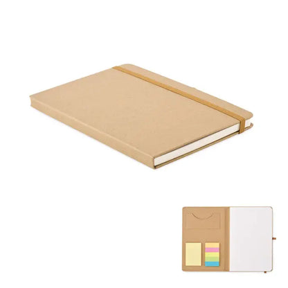 Set caiet a5 din hârtie reciclata cu copertă kraft tan, elastic de închidere și buzunar interior cu notițe colorate
