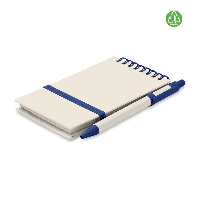 Set caiet de carton cu lapte a6 beige spiralat cu elastic albastru si pix asortat albastru