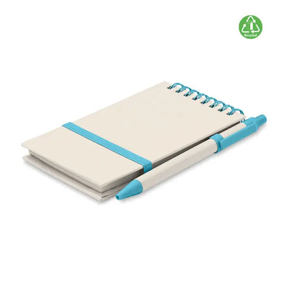 Set caiet de carton cu lapte a6 bej cu spirala, elastic albastru si stilou albastru asortat