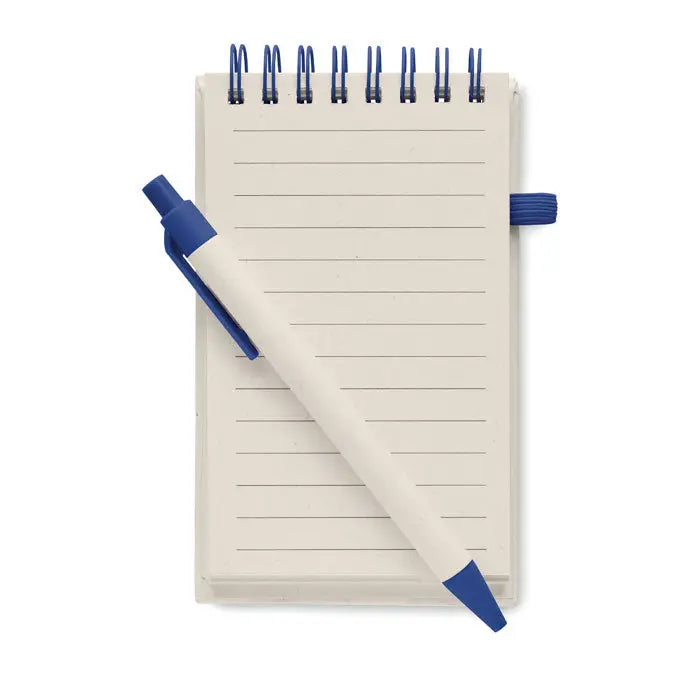 Set caiet de carton cu lapte a6 cu pix albastru si alb pe notepad spiralat crem
