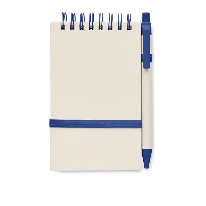 Set caiet de carton cu lapte a6 crem cu spirala albastra si pix albastru cu elastic multifunctional