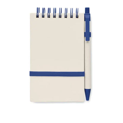 Set caiet de carton cu lapte a6 crem cu spirala albastra si pix albastru cu elastic multifunctional
