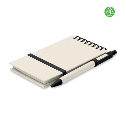 Set caiet de carton cu lapte a6 crem spiralat cu elastic negru si pix din materiale reciclate