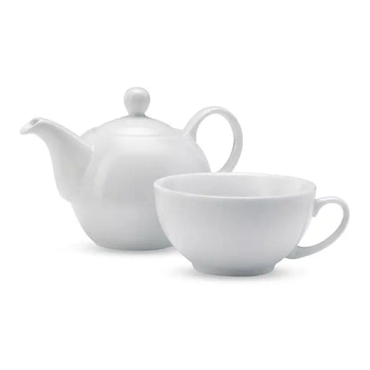 Set ceainic si cani 400 ml din ceramica alba cu ceainic cu capac rotund si cana asortata pentru ceai