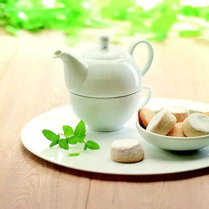 Set ceainic si cani 400 ml din ceramica alba cu finisaj lucios si capac asortat pe cana coordonata