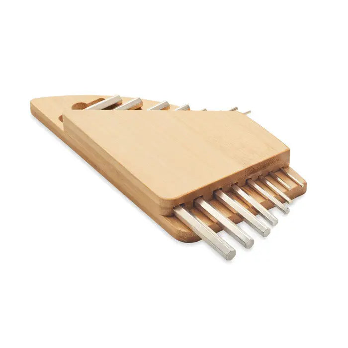 Kalimba maro deschis din lemn cu tije metalice argintii pentru set chei hexagonale din bambus