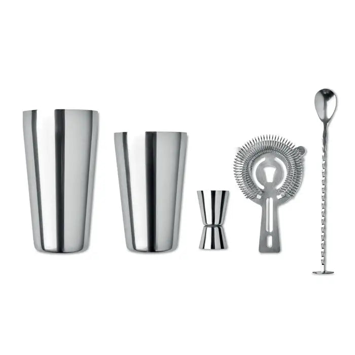 Set cocktail 750 ml din inox lucios cu shaker, două pahare, jigger, strecurătoare și lingură lungă