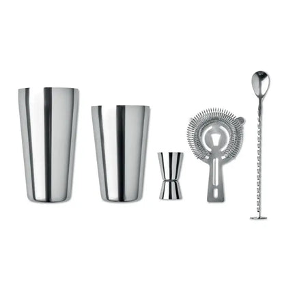Set cocktail 750 ml din inox lucios cu shaker, două pahare, jigger, strecurătoare și lingură lungă