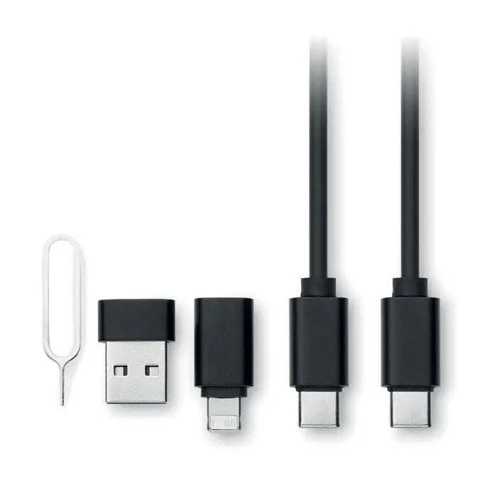 Set conector de cablu 4 in 1 15w cu adaptor usb-c la lightning negru si doua cabluri usb-c negre cu conectori metalici