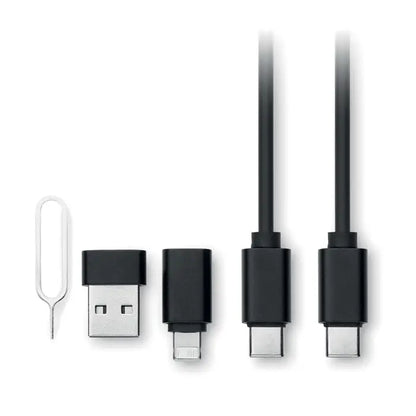 Set conector de cablu 4 in 1 15w cu adaptor usb-c la lightning negru si doua cabluri usb-c negre cu conectori metalici
