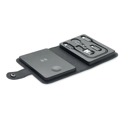 Set conector de cablu 4 in 1 15w kit de incarcare cu suport din piele neagra si incarcator wireless incorporat