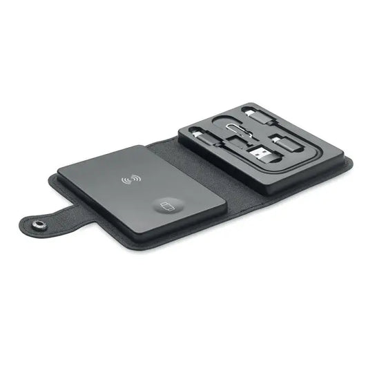 Set conector de cablu 4 in 1 15w kit de incarcare cu suport din piele neagra si incarcator wireless incorporat