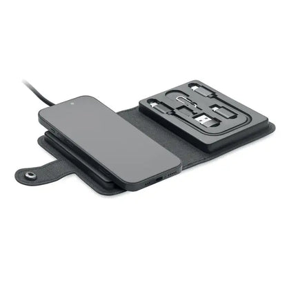 Black leather phone wallet set conector de cablu 4 in 1 15w cu incarcare wireless si compartiment organizator cabluri