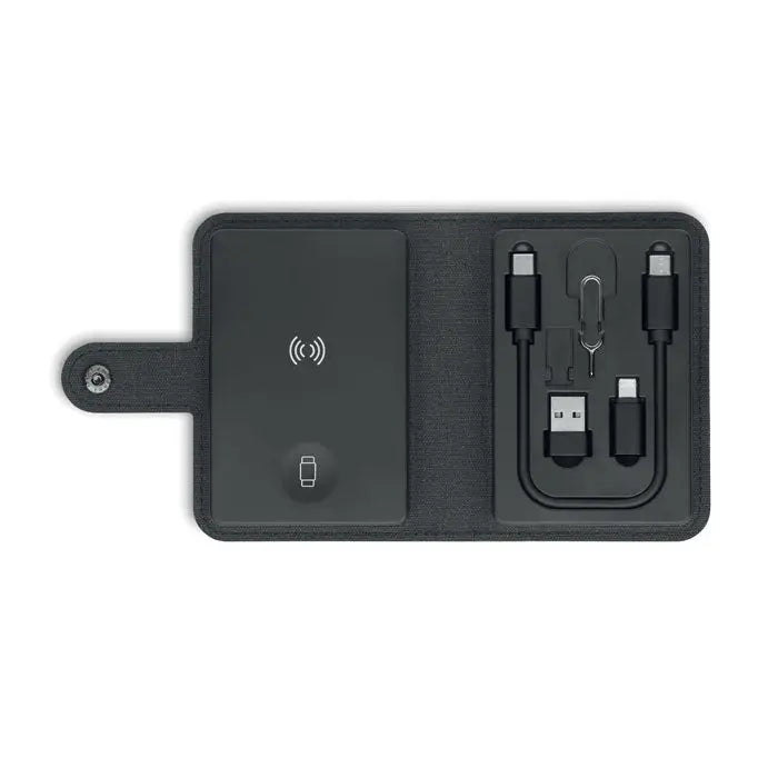 Set conector de cablu 4 in 1 15w portofel wireless negru din material textil cu cabluri usb-c si micro-usb integrate
