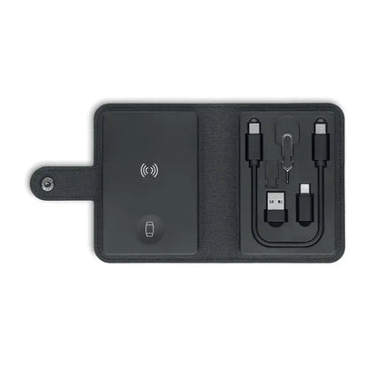 Set conector de cablu 4 in 1 15w portofel wireless negru din material textil cu cabluri usb-c si micro-usb integrate