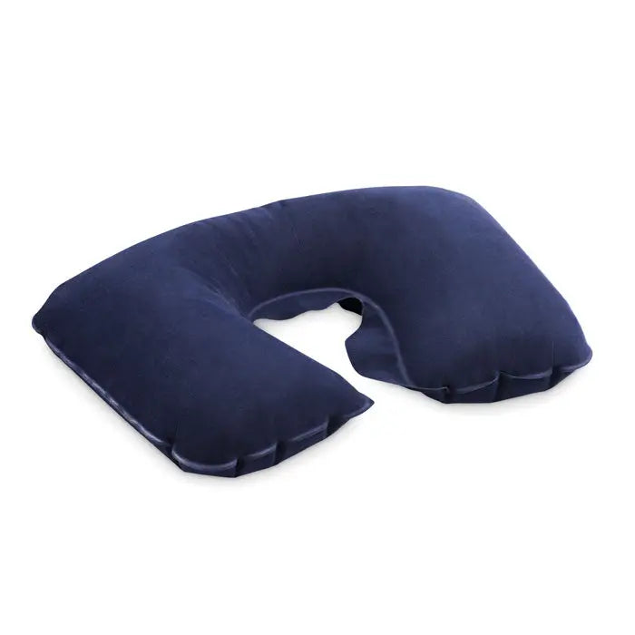 Pernă gonflabilă pentru gât bleumarin cu husă din material moale inclusă în set cu dopuri de mască pentru ochi