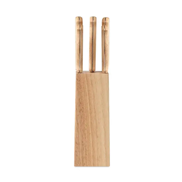 Set cutit din 5 bucati cu suport din lemn deschis si manere netede din lemn natural pentru utilizare bucatarie