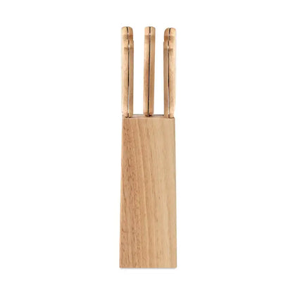Set cutit din 5 bucati cu suport din lemn deschis si manere netede din lemn natural pentru utilizare bucatarie