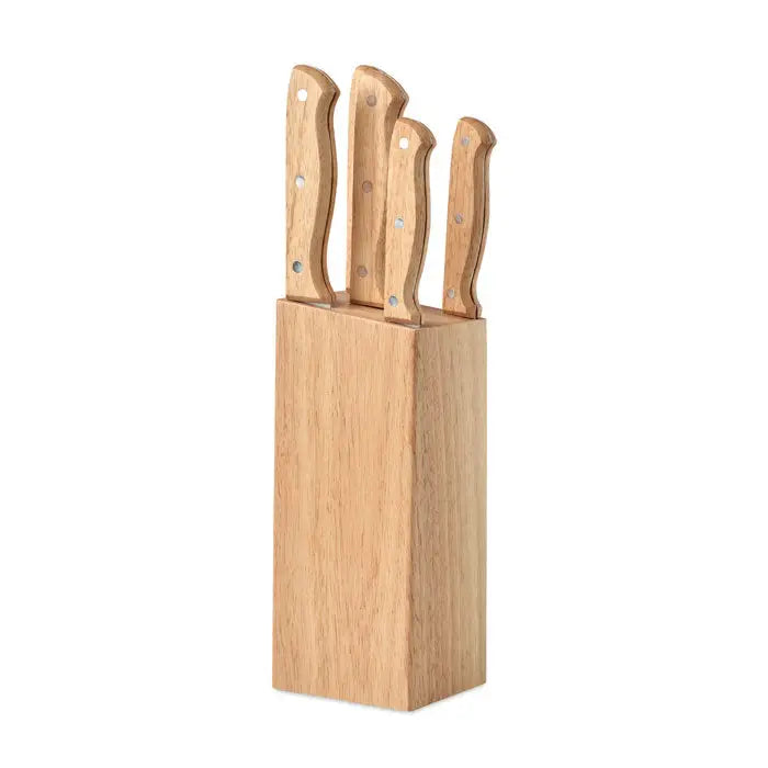 Set cutit din 5 bucati cu suport din lemn deschis si manere asortate pentru bucatarie
