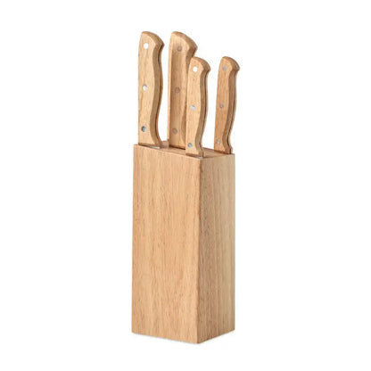 Set cutit din 5 bucati cu suport din lemn deschis si manere asortate pentru bucatarie