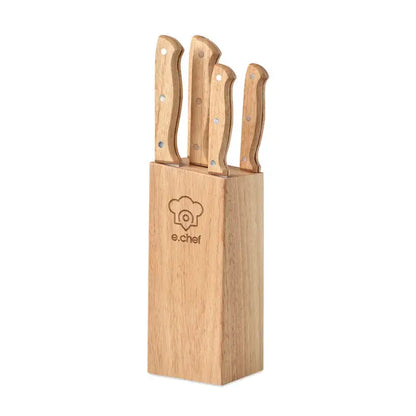 Set cutit din 5 bucati cu manere de lemn deschis si lame din otel inoxidabil marca e.chef