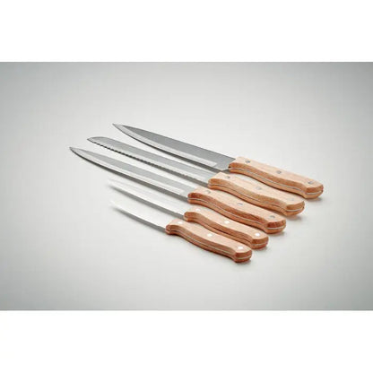 Set cutit din 5 bucati cu manere din lemn si lame din otel inoxidabil cu design clasic si finisaj natural