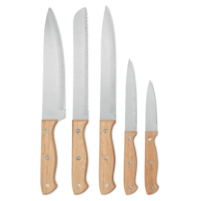 Set cutit din 5 bucati cu lame din otel inoxidabil si manere din lemn deschis pentru bucatarie