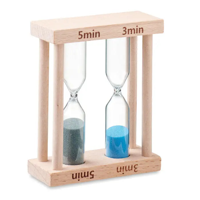 Set de 2 cronometre din lemn cu nisip, unele cu nisip gri închis 5 minute și altele albastre 3 minute