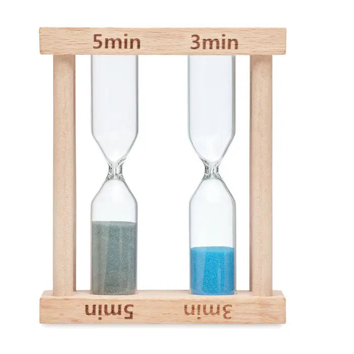 Set de 2 cronometre din lemn pentru nisip cu cadran dublu, nisip albastru si gri, etichetate 5min si 3min