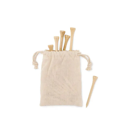 Beige sac cu sfori umplut cu 20 de tricouri de golf din bambus si teeuri din lemn