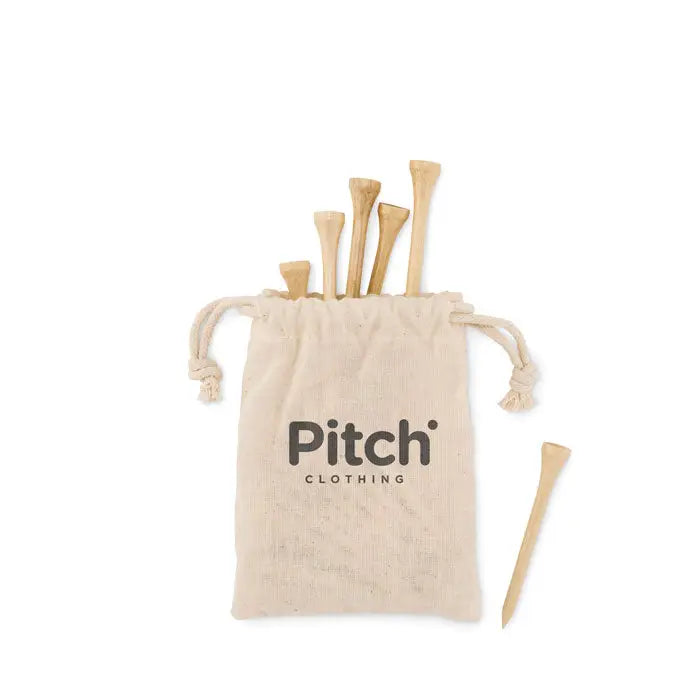 Beige saculet din bumbac cu snur si logo pitch clothing cu 20 de tees de golf din lemn deschis pentru set de tricouri din bambus