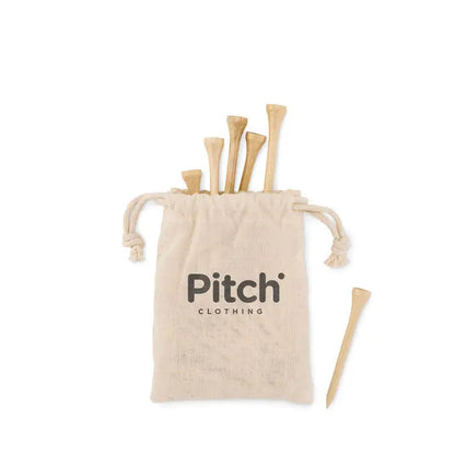 Beige saculet din bumbac cu snur si logo pitch clothing cu 20 de tees de golf din lemn deschis pentru set de tricouri din bambus