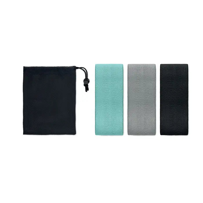 Set de 3 benzi de fitness in culorile teal, gri si negru cu husă de plasa neagră pentru depozitare