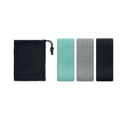 Set de 3 benzi de fitness in culorile teal, gri si negru cu husă de plasa neagră pentru depozitare