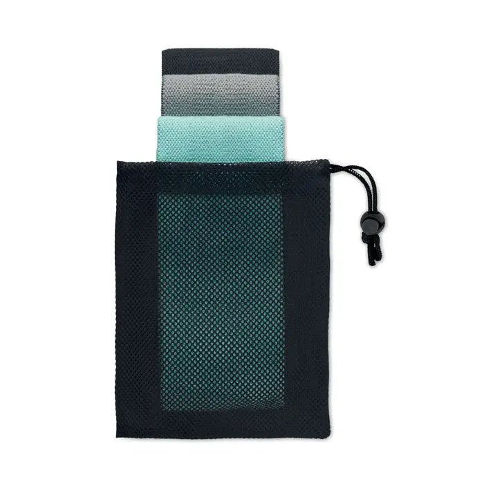 Set de 3 benzi de fitness gradient in negru, gri si teal, depozitate in husa din plasa neagra cu snur