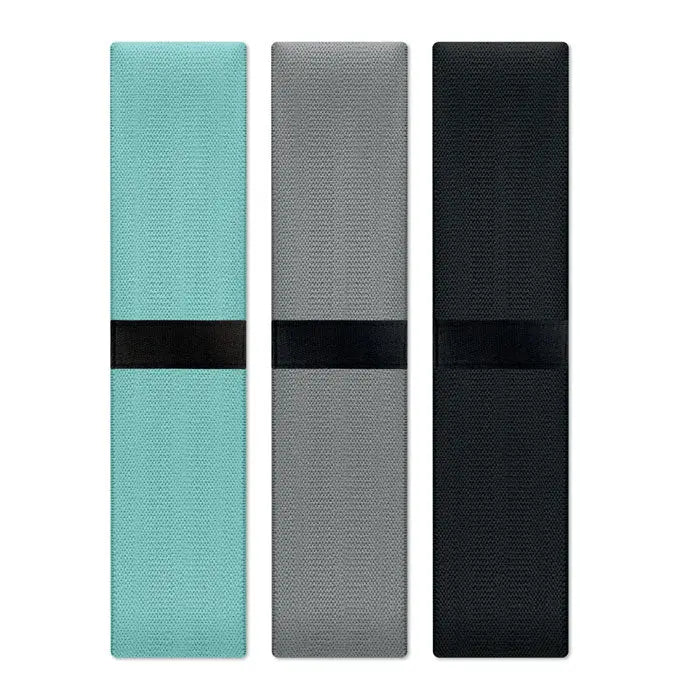 Set de 3 benzi de fitness teal gri si negru cu suprafata texturata din material textil si benzi elastice negre
