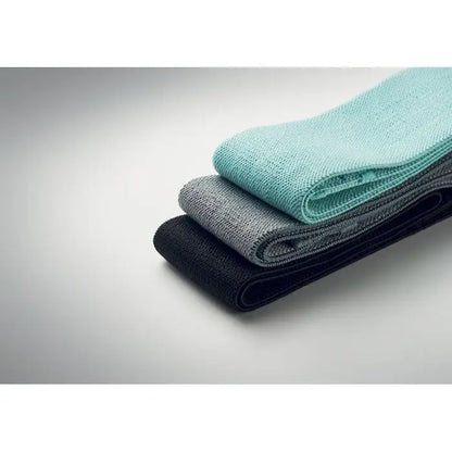 Set de 3 benzi de fitness din microfibră în culorile negru, gri și teal, stivuite într-o husă