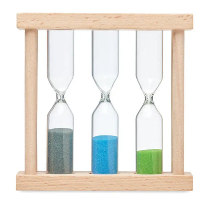 Set de 3 cronometru din lemn pentru nisip cu sticle de sticla si nisip colorat gri albastru si verde