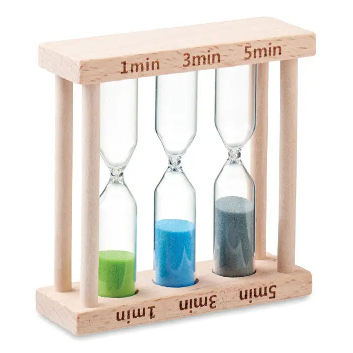 Set de 3 cronometru din lemn cu nisip colorat verde albastru si gri pentru 1, 3 si 5 minute