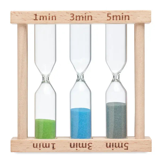 Set de 3 cronometru din lemn pentru nisip cu trei clepsidre colorate verde 1 minut, albastru 3 minute și gri 5 minute