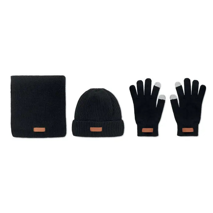 Set de 3 piese de iarna rpet cu fular, caciula si manusi touchscreen negre tricotate cu accente din piele maro