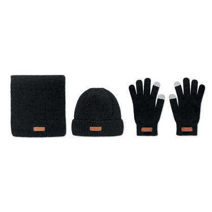 Set de 3 piese de iarna rpet cu fular, caciula si manusi touchscreen negre tricotate cu accente din piele maro