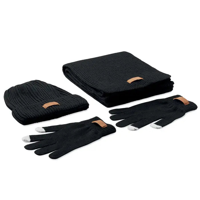 Set de 3 piese de iarna rpet negru tricotat cu caciula, fular si manusi touchscreen cu varfuri albe si accente din piele maro