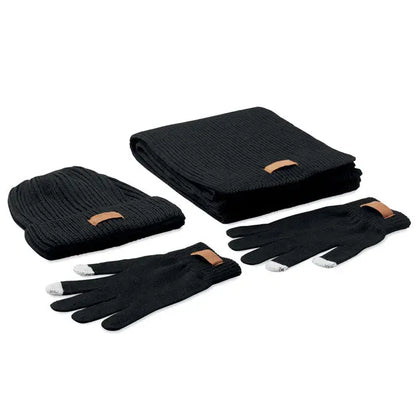 Set de 3 piese de iarna rpet negru tricotat cu caciula, fular si manusi touchscreen cu varfuri albe si accente din piele maro