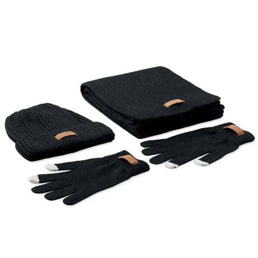 Set de 3 piese de iarna rpet negru tricotat cu caciula, fular si manusi touchscreen cu varfuri albe si accente din piele maro
