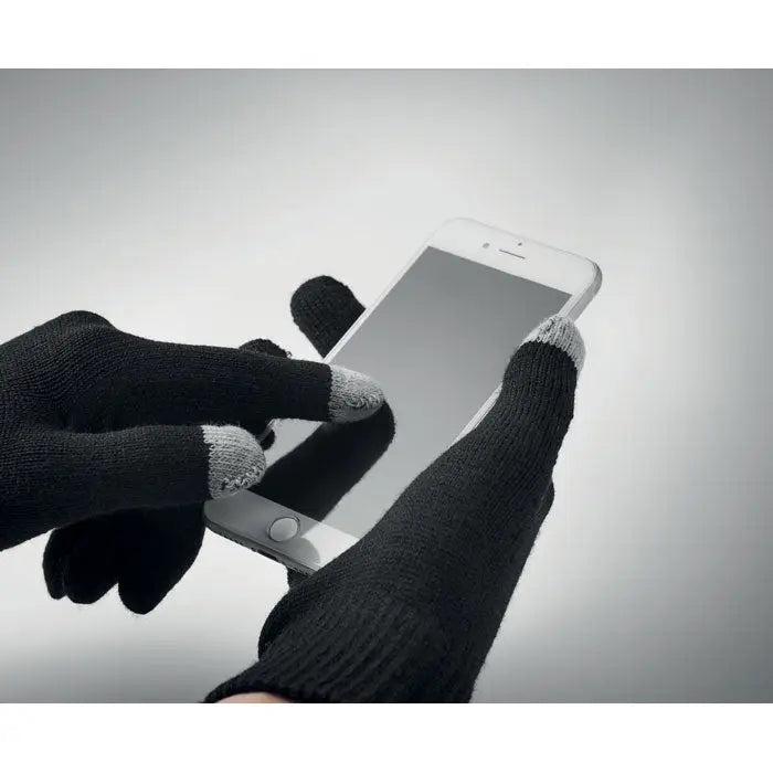 Set de 3 piese de iarna rpet cu manusi touchscreen negre cu varfuri gri pentru smartphone